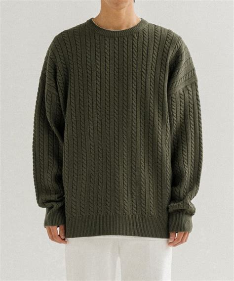 MUSINSA AGAINST ALL ODDS Crew Neck Overfit Cable Sweater Knit Khaki