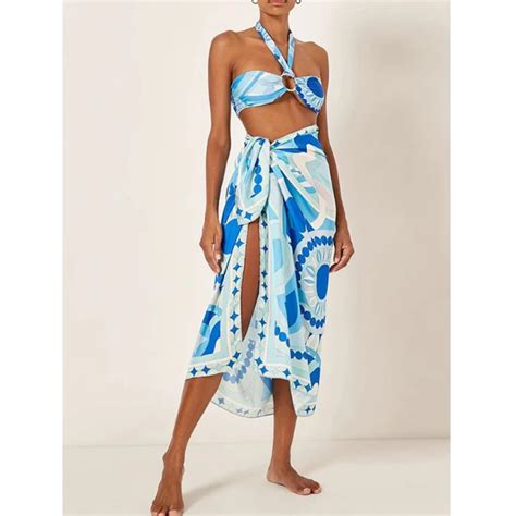 Ring Link Design Halter Bikini With Thong Women Swimwear With Skirt Female Blue Pattern Print