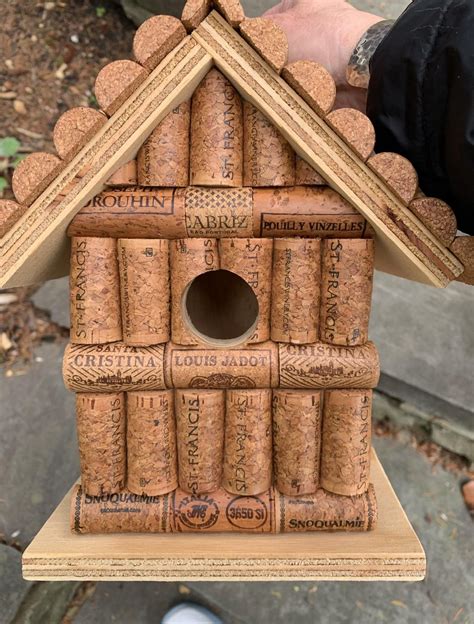 Wood And Wine Cork Birdhouse Bird House Handmade With Real Wine Cork