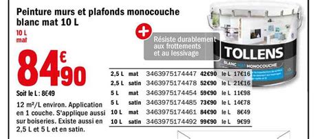 Promo Peinture Murs Et Plafonds Monocouche Blanc Mat 10 L Tollens Chez