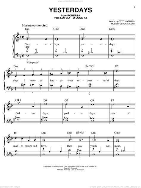 Kern Yesterdays Sheet Music For Piano Solo [pdf Interactive]