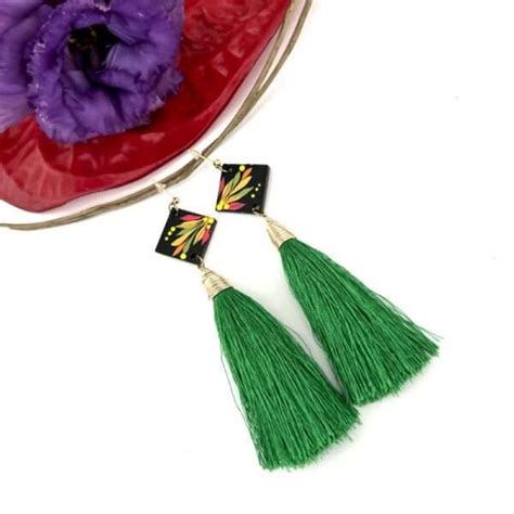 Aretes Largos Negro Con Verde Albor Arte Mx