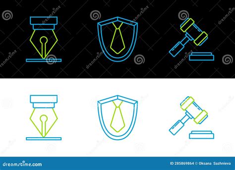 Set Line Judge Gavel Fountain Pen Nib And Tie Icon Vector Stock Photo