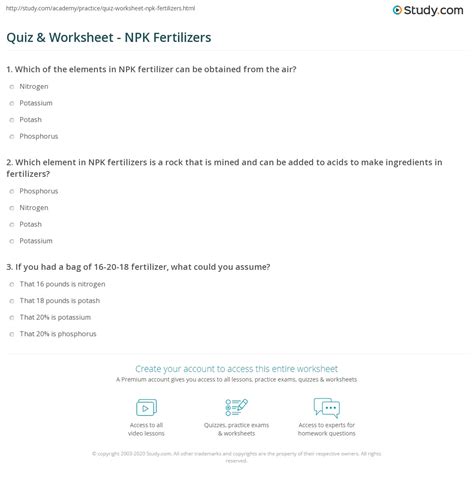 Quiz And Worksheet Npk Fertilizers