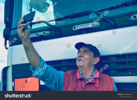 Truck Driver Shooting Selfies Post Production Stock Photo 1209244393