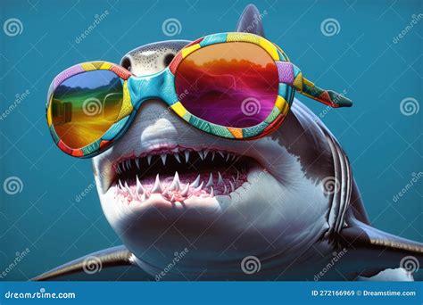 A Photorealistic Image Of A Shark Wearing Colorful Sunglasses