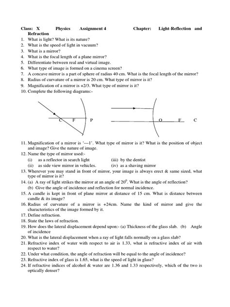 Cbse Class 10 Physics Worksheet 3 1pdf Lens Optics