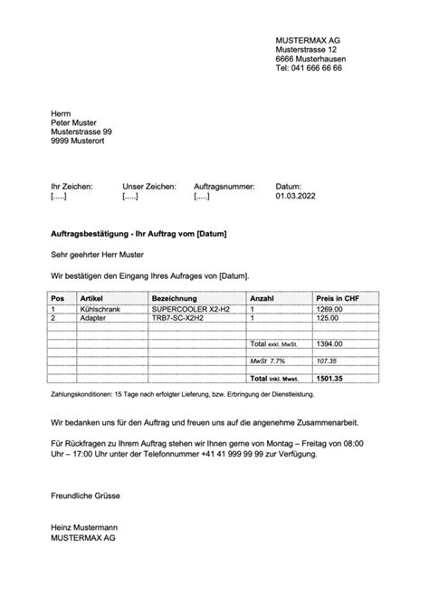 Auftragsbestätigung Vorlage Schweiz Word Excel kostenlos