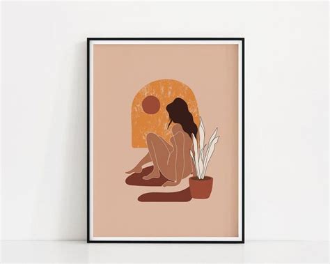 Brown Nude Woman Art Print Woman Body Line Wall Art Terracotta Clay Pot Art Potted Plant Artwork