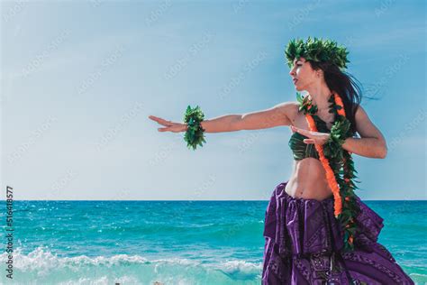 Hula Dancer On The Beach Woman In Bikini Dancing Hawaiian Typical Of Tahiti Tropical Lady At