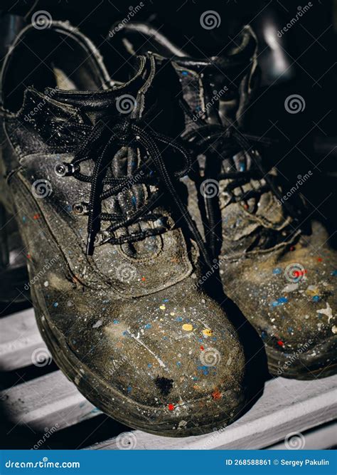 Working Shoes. Old Paint-stained Boots and Worn-out Industrial Painter