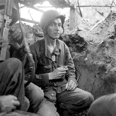 Us Army Captain Byron B Bradford In A Trench During The Fight Against