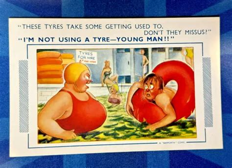 SAUCY BAMFORTH COMIC Postcard 1950s BBW Big Boobs Inflatable Tyre Ring