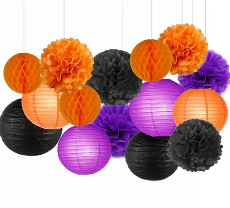 Happy Halloween Party Decorations Kit Black Orange Purple Paper Lanterns Tissue Paper Pom Poms ...