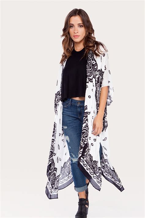 Into The Night Black And White Print Kimono Kimono Outerwear Print