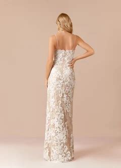 Azazie Mireya Diamond White Nude Sheath Sequins Tulle Dress Azazie