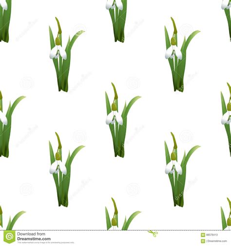 Seamless Pattern With Snowdrops Flowers With Green Stems And Leaves