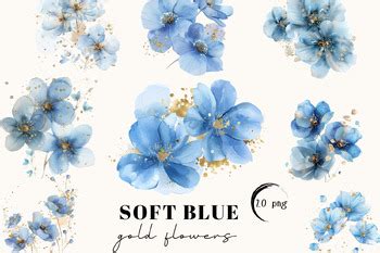 Abstract Blue Gold Flowers Watercolor Clipart By Aneta Design TPT