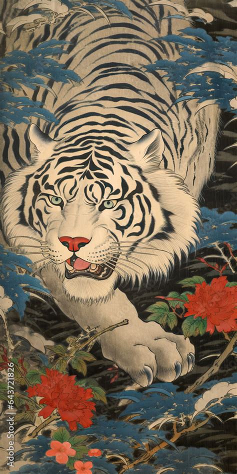 Japanese Ukiyo-e White Tiger Illustration,A White Tiger in a ...