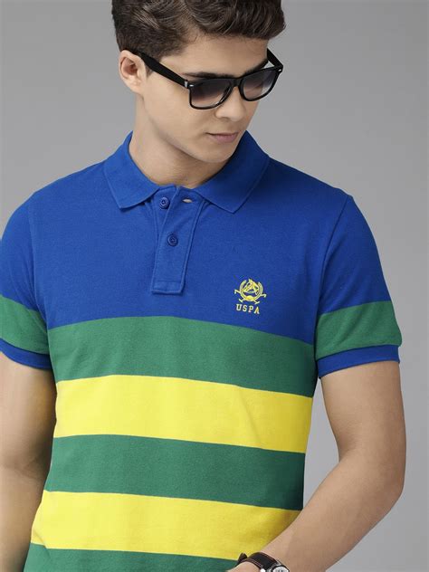 Buy U S Polo Assn Men Blue Green Striped Polo Collar Pure Cotton Slim