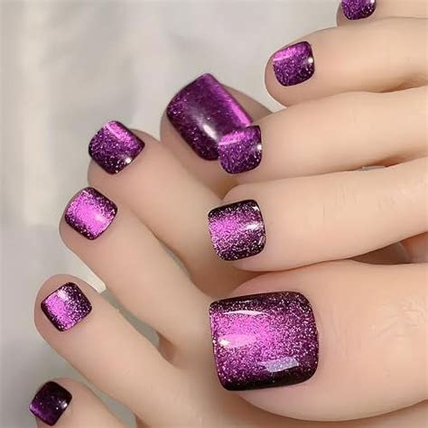 Purple Glitter Press On Toenails Cat Eye Glossy Acrylic Toe Nails Press On Short Square Fake