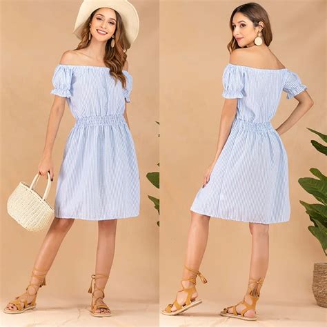 Robe à rayures pour femmes couleur bleue imprimé col Slash manches