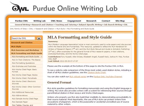 Mla Formatting And Style Guide From Owl At Perdue Writing Lab College Writing College Info