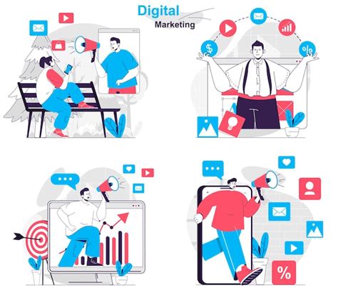 Conjunto De Concepto De Marketing Digital Campaña Publicitaria En Redes