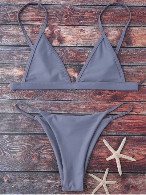 Cami Plunge String Bikini Set GRAY Bikinis S ZAFUL