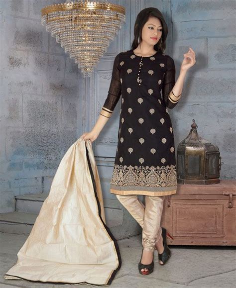 Black Chanderi Art Silk Churidar Suit Indian Dresses Long