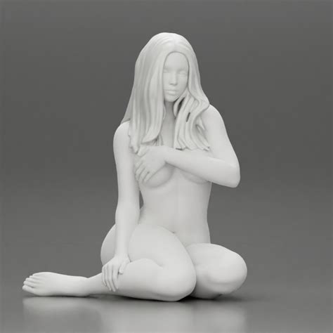 3D Printable Sexy Naked Woman Sitting And Covering Breasts With Hand By 3DGeschaft Miniatures