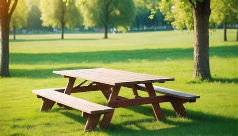 Premium Photo | Table and benches in the park Picnic table on a green ...