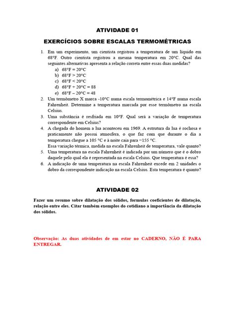 Exercícios De Escalas Termométricas - Exercícios sobre Escalas Termométricas | PDF | Métodos e Materiais de ...