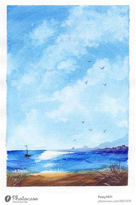 Watercolor Painting Sea Beach With Small Sailing Boat And Blue Cloudy