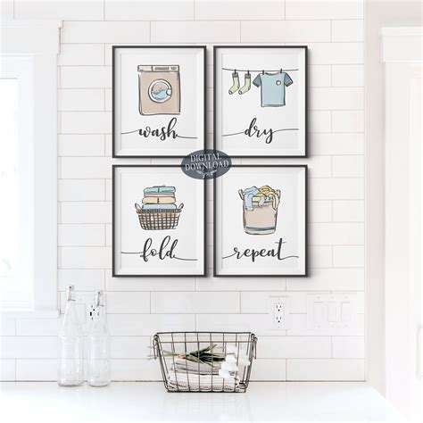 Colorful Laundry Room Decor Wash Dry Fold Repeat Printable Wall Art Set