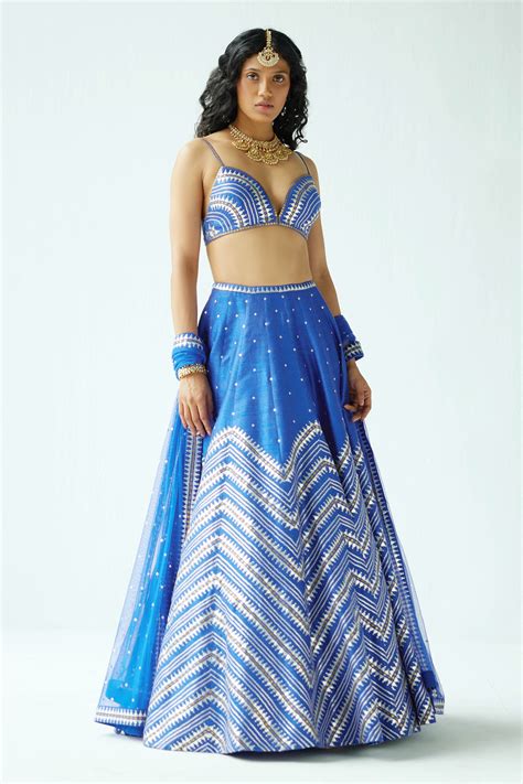 Buy Dnu Priyal Prakash Blue Raw Silk Chevron Zari Embroidered Lehenga Set Online Aza Fashions