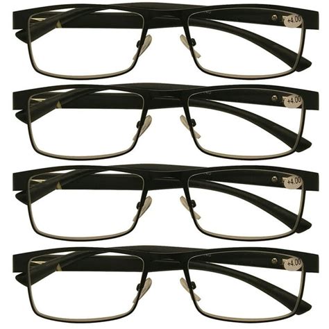 4 Packs Mens Rectangle Metal Frame Reading Glasses Black Spring Hinge Readers 1 00