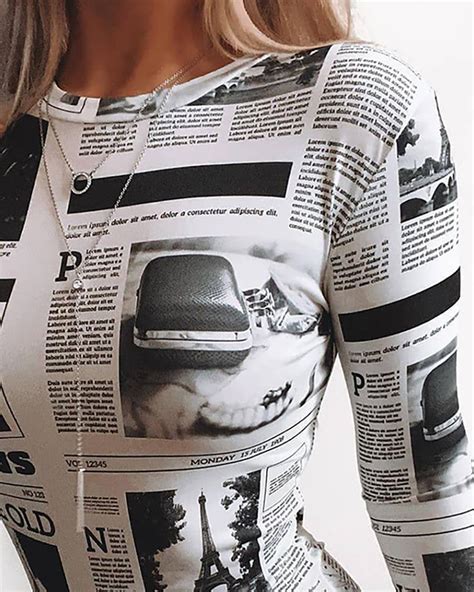 Women Newspaper Print Long Sleeve Bodysuit The Little Connection