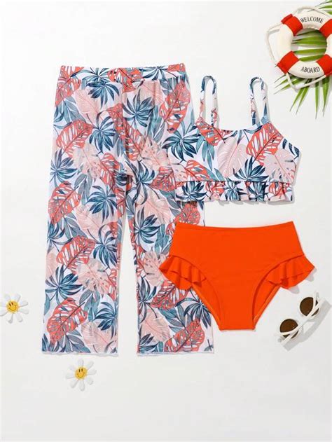 SHEIN Kids SUNSHNE Niñas Bañador bikini con estampado tropical bajo con