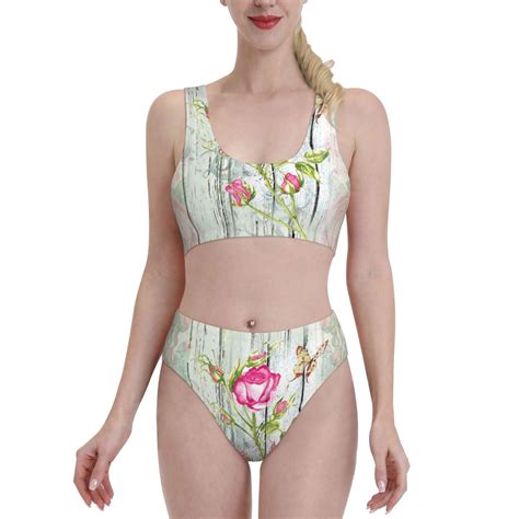 Lukts Women High Waisted Bikini Set Vintage Wood Background With Floral