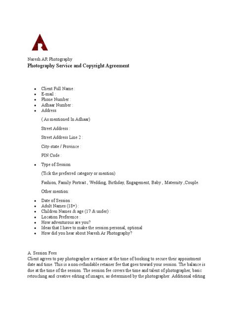 photography agreement  photographer fee