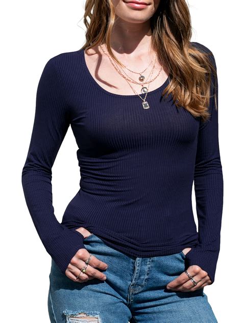 Doublju Women S Round Neck Long Sleeve Ribbed Top With Thumb Holes