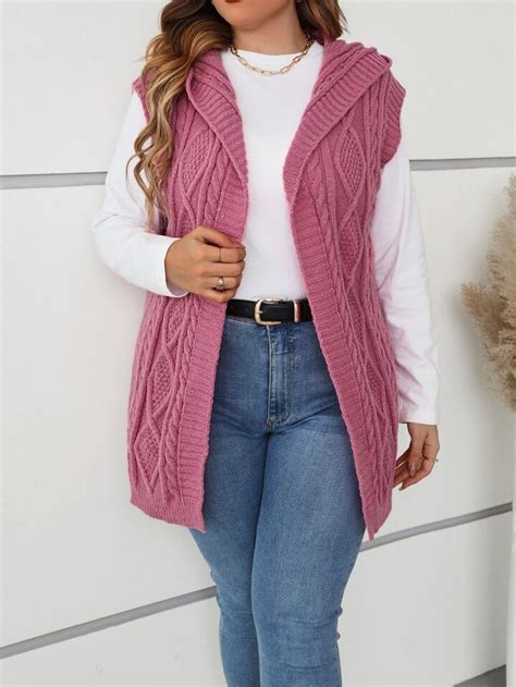 Shein Lune Plus Cable Knit Hooded Duster Cardigan In Knitting