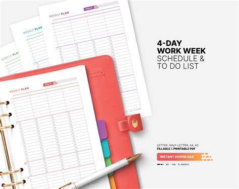 4-day Work Week Schedule, Fillable Things to Do List, Printable Work at ...