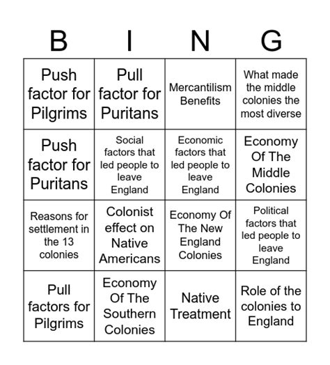 13 Colonies Bingo Card