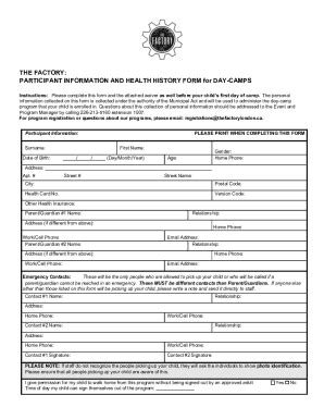 Fillable Online The Factory Participant Registration Form Daycamp