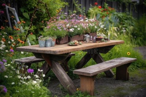 Rustic Picnic Table Surrounded By Blooming Flowers Ideal For A