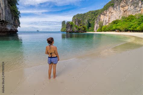 Young Women Wearing Bikini Relaxing Standing In Topical Beach On Koh