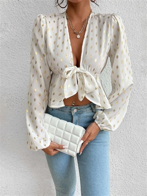 Polka Dot Knot Front Peplum Blouse Fashion Clothes Women Clothes