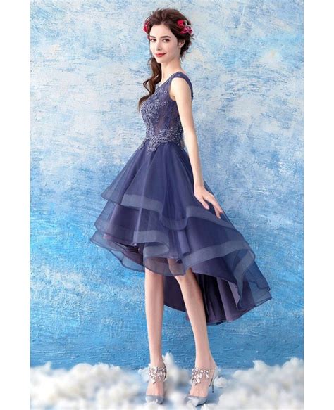 Blue Tulle Ruffled High Low Short Prom Dress With Beading Wholesale